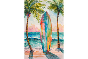 Surfboard Watercolor Palm Art, a Decorative Illustration by Art Paradise Studios