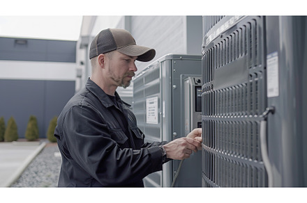 HVAC Technician in Uniform Adjusting, an Industrial Photo by Lermont51