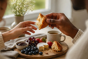 Breakfast grazing board with fruit,, a Photo by Dvoevnore photos