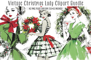 Vintage Christmas Lady Clipart, an Illustration by SinaCreation