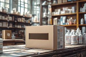 Cardboard box on workbench in warehouse with supplies around, a Photo by AS photostudio