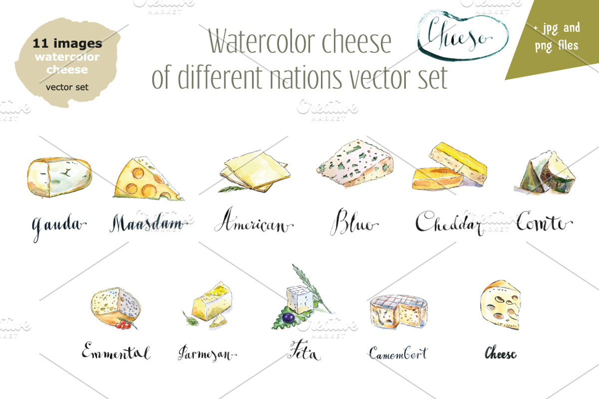 Watercolor cheese vector set, a Food Illustration by miminoshka (Photo 2 of 10)