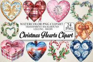Watercolor Christmas Hearts Clipart, an Illustration by DreamPrint404