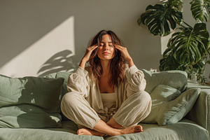 Woman Meditating on Green Sofa Sunli, an Abstract Photo by Pixeness Studio