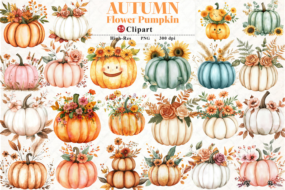 Watercolor Autumn Flower Pumpkin png, an Illustration by Watercolor design