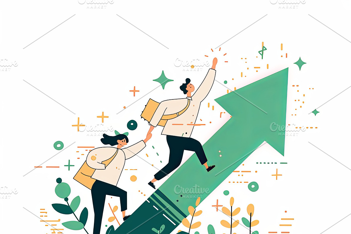 Illustration showcasing teamwork and success with characters climbing an upward, an Illustration by AS photostudio