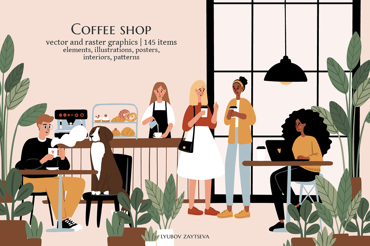 Dog Friendly Coffee Shop Scenes, a Person Illustration by LyubovZaytseva (Photo 1 of 20)
