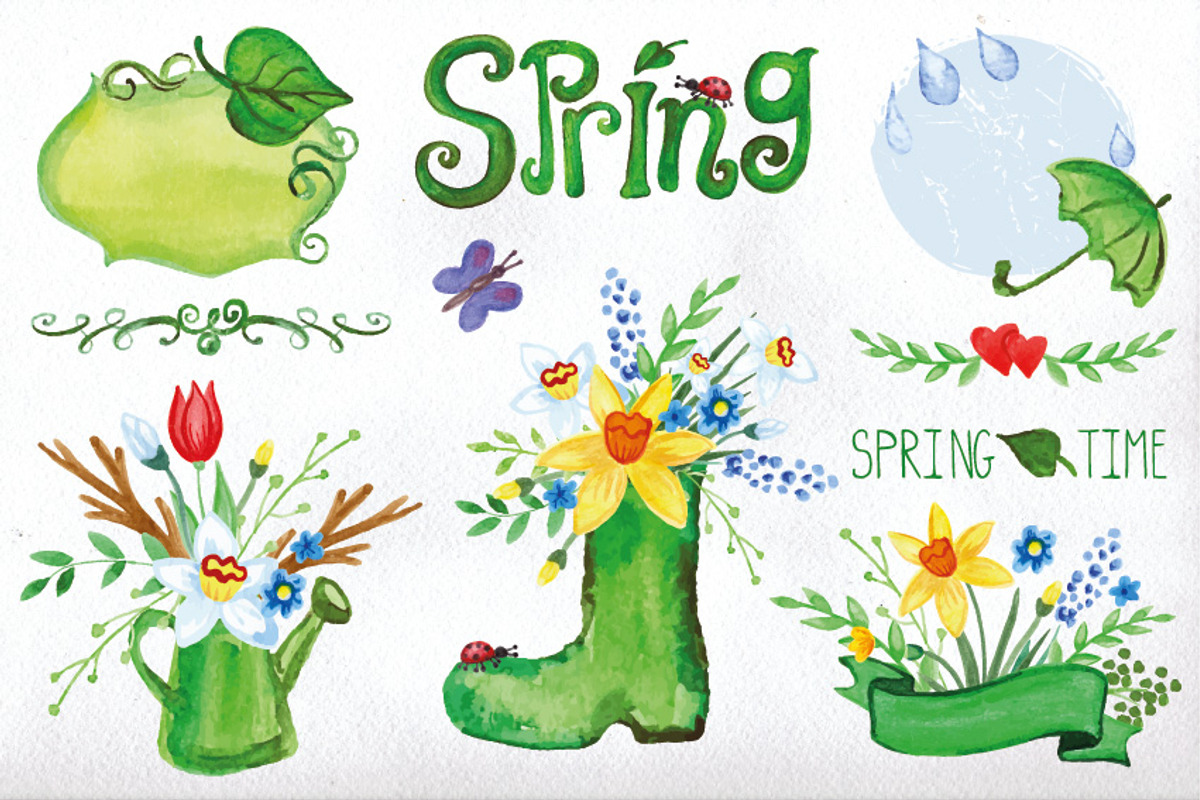 Watercolor spring big set.Vector, an Illustration by Tatianakost49