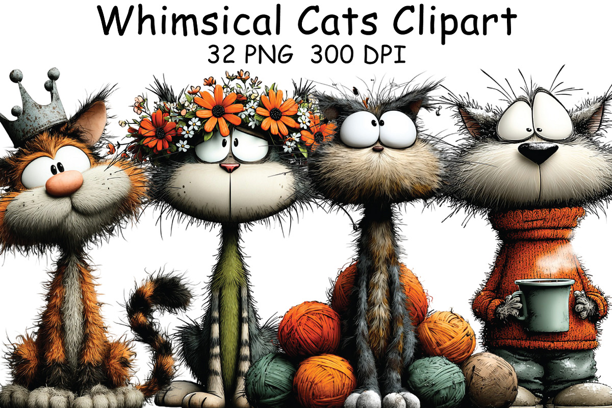 Whimsical Cats Clipart Bundle, an Illustration by CraftArtStudio (Photo 1 of 6)