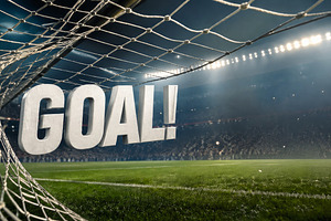 Football goal celebration in stadium, a Photo by Dvoevnore photos