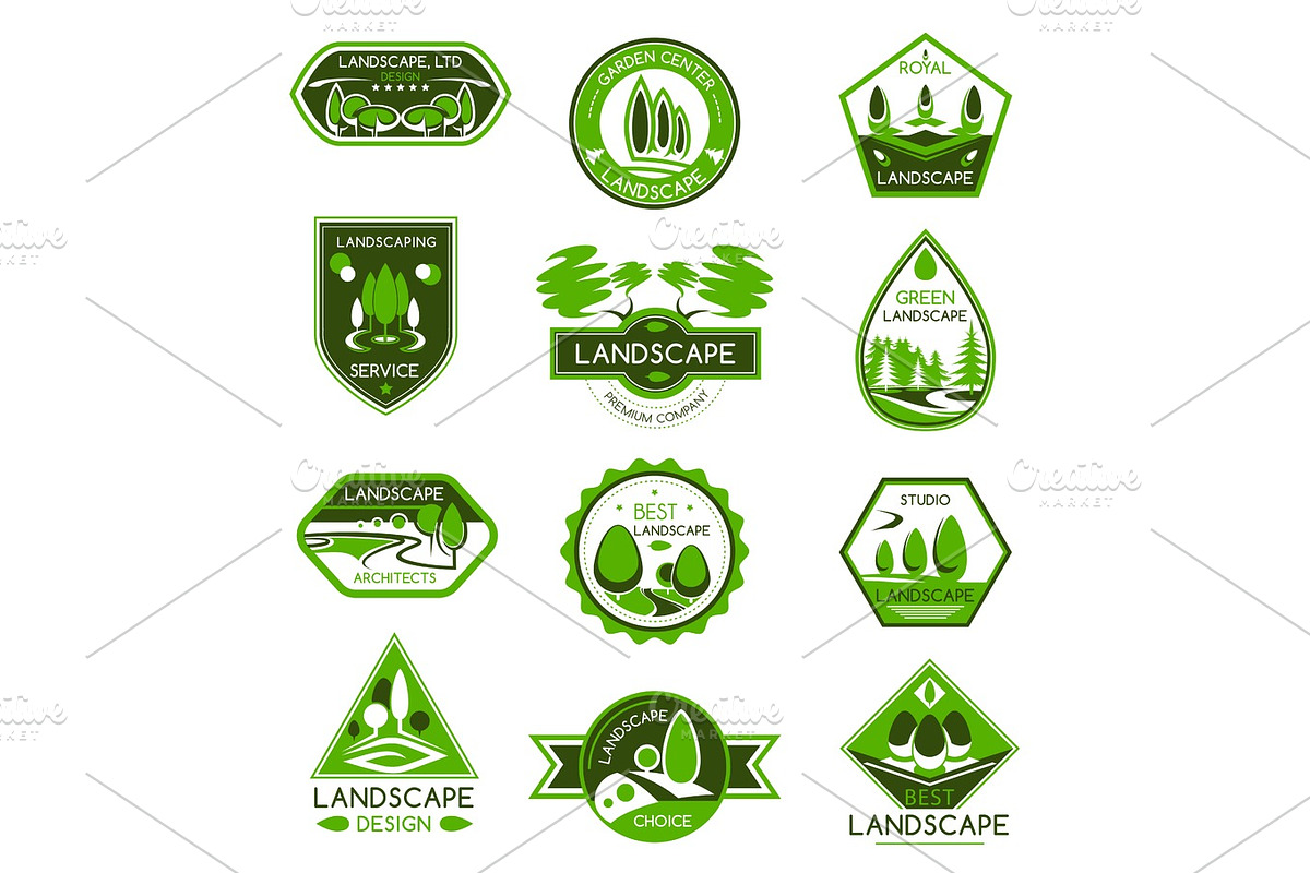 Landscape design badge set of park and garden tree, an Illustration by ...