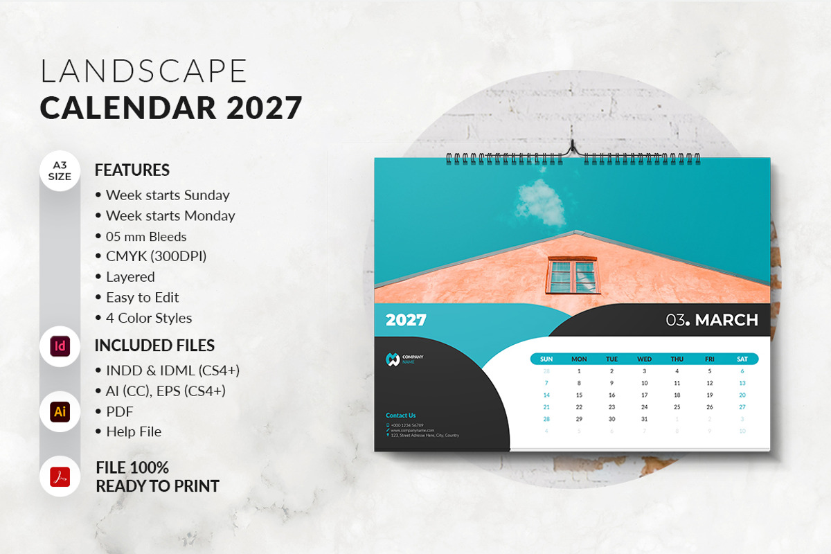 A3 Landscape Calendar 2027 Printable, a Stationery Template by MstArtwork (Photo 3 of 6)