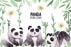 Watercolor Panda. Patterns, Cliparts