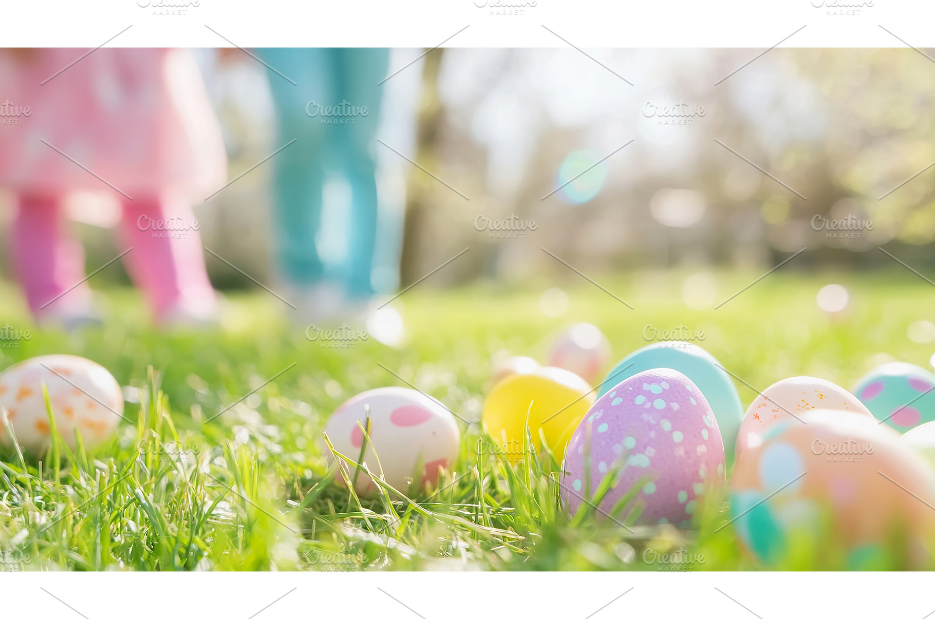 Colorful easter eggs on bright green, a Nature Photo by Lermont51