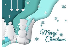 Winter scene with fir tree, snowman