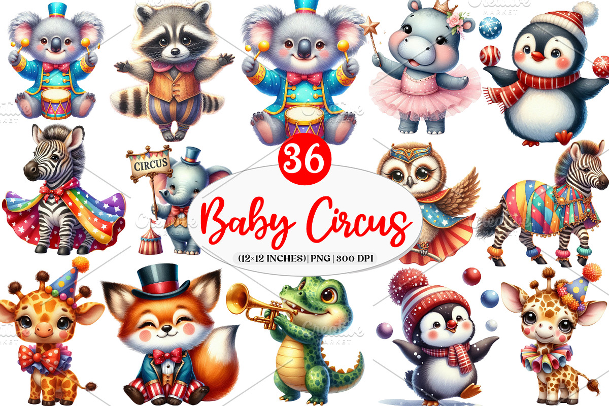 Watercolor Cute Baby Circus Animals, an Illustration by Watercolor design (Photo 1 of 4)