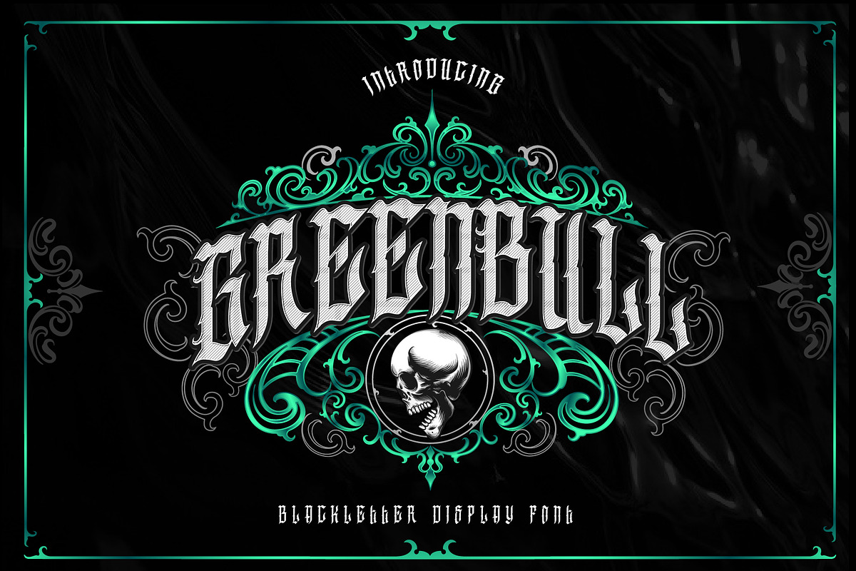 GreenBull + Decorative bonus, a Blackletter Font by dansdesign (Photo 1 of 7)