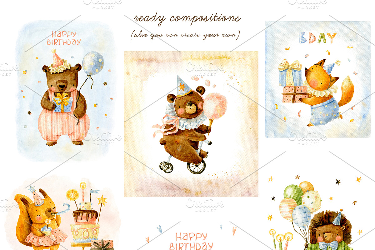 Birthday party. Cute forest animals., an Animal Illustration by babenkoirusa (Photo 8 of 22)