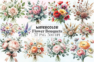 Watercolor Flower Bouquets Clipart, an Illustration by CraftArtStudio