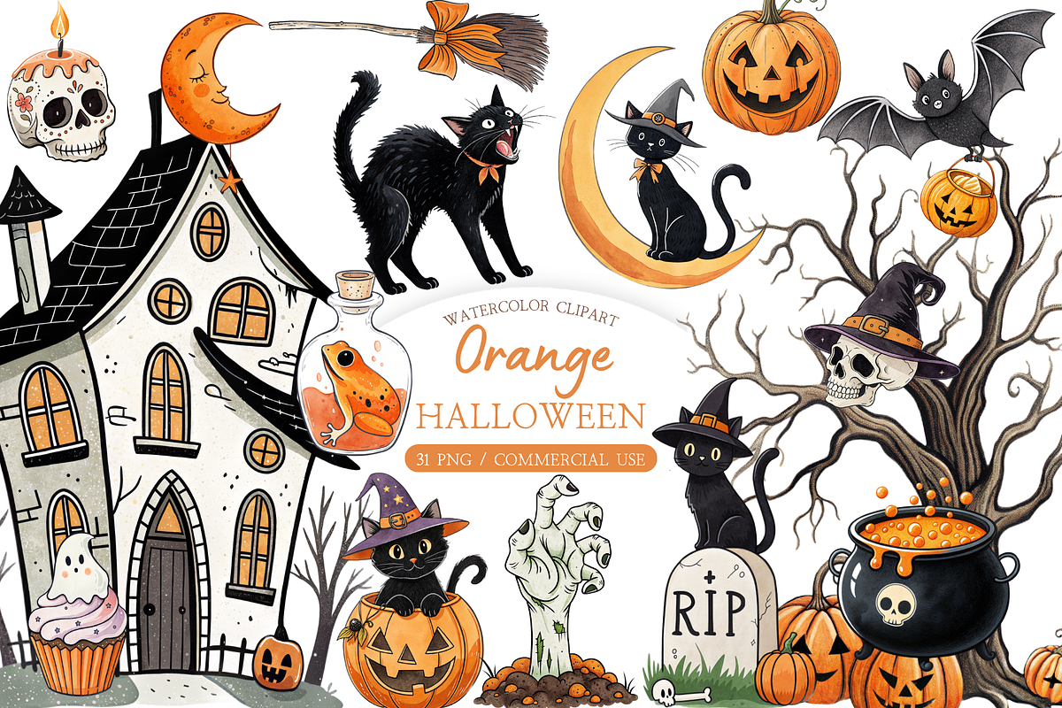 Watercolor Halloween PNG, a Decorative Illustration by MockupWizard (Photo 1 of 5)