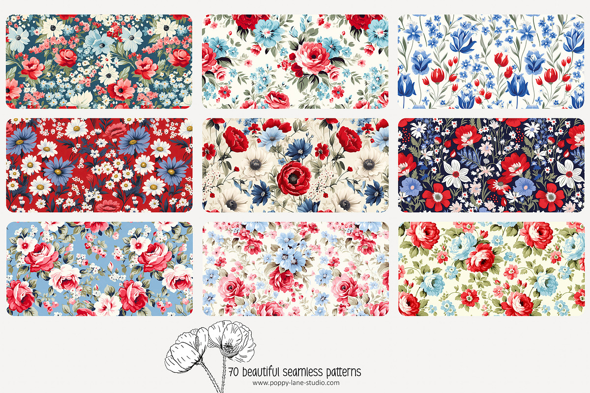 70 red/blue floral seamless pattern, a Pattern Graphic by Poppy Lane Studio (Photo 6 of 10)