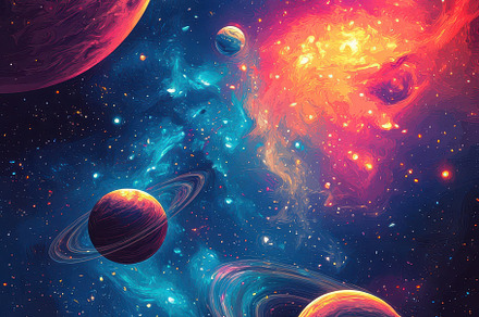 Vibrant Nebula Planets Cosmic Art Sp, an Abstract Photo by Pixeness
