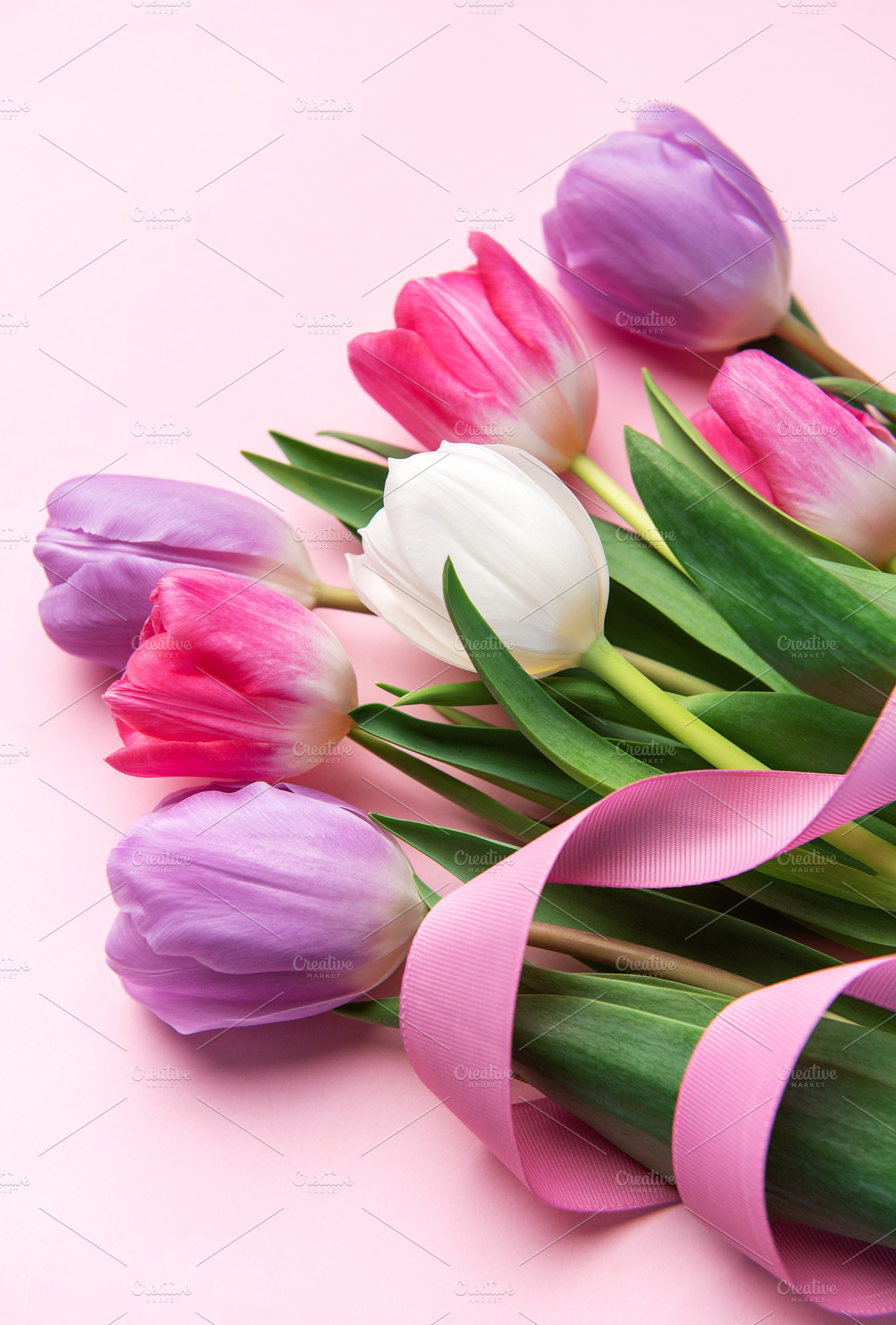Colorful tulip flowers bouquet with pink ribbon on background, a Holiday Photo by Olena Rudo