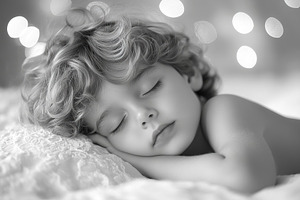 Little child boy sleeps in a crib in black and white colors, a Person Photo by AlyaAnd
