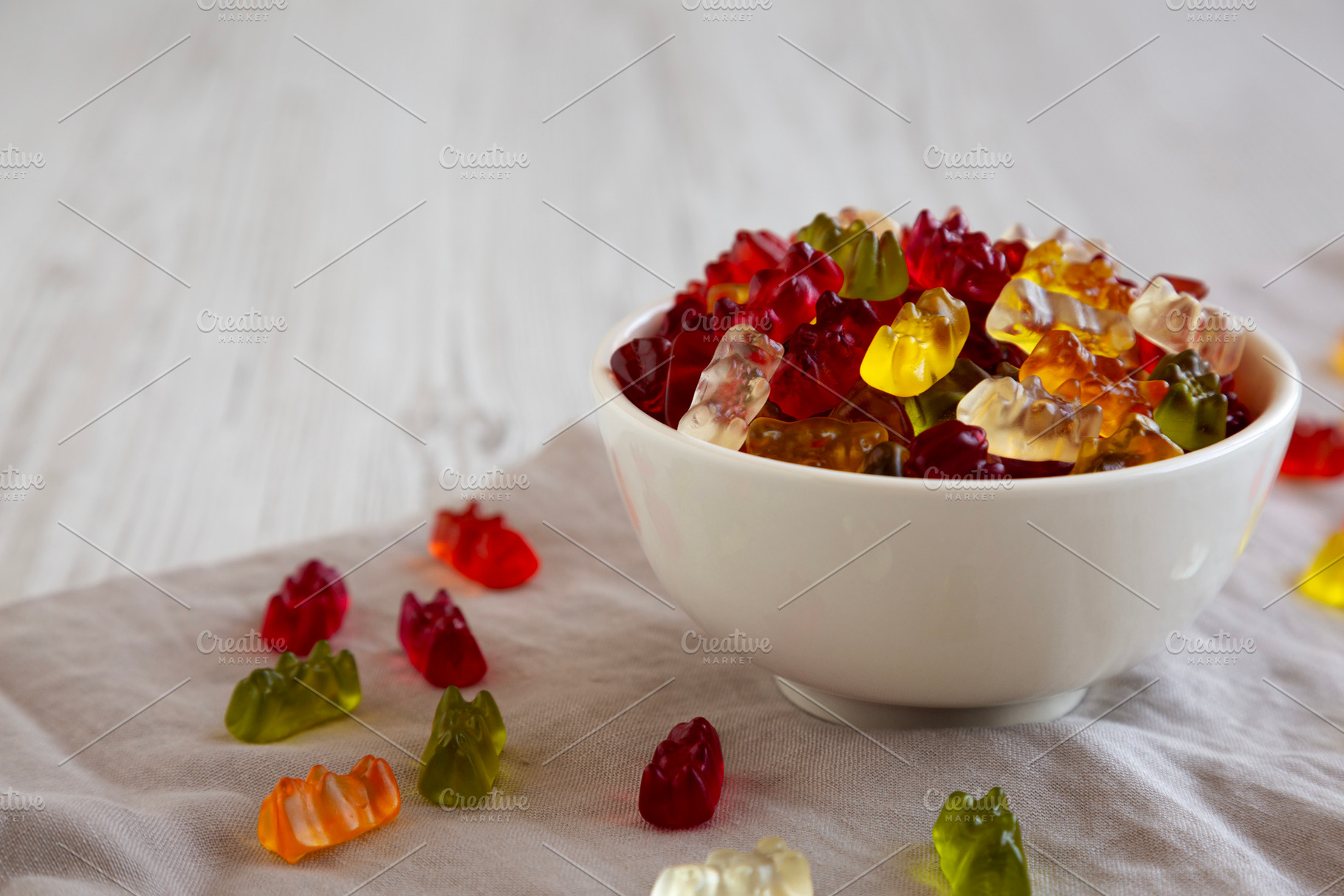 Colorful Gummy Bears in a Bowl, low angle view. Copy space., a Food & Drink Photo by LiudmylaChuhunova