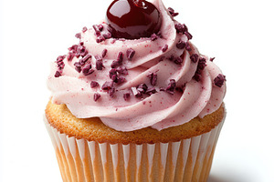 Cupcake with frosting and a cherry o, a Food & Drink Photo by Pixeness Studio