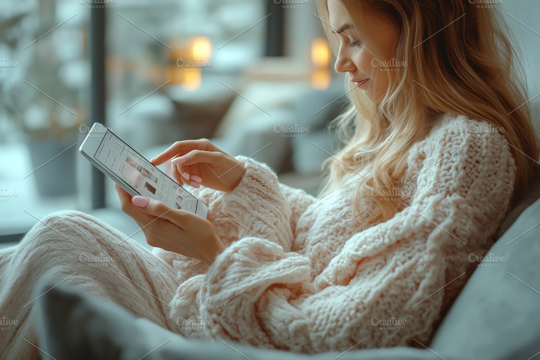 A young Caucasian woman in a cozy sweater relaxing indoors while using a tablet, a Person Photo by ImageMir