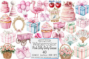 Watercolor Pink Silly Girly Goose Cl, a Seasonal Illustration by Design Market