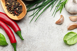 Fresh herbs, spices and olive oil creating culinary inspiration, a Food & Drink Photo by Olena Rudo