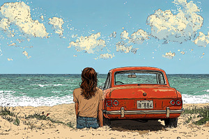 Person relaxing by a car near the ocean under a cloudy sky, a Photo by AS photostudio