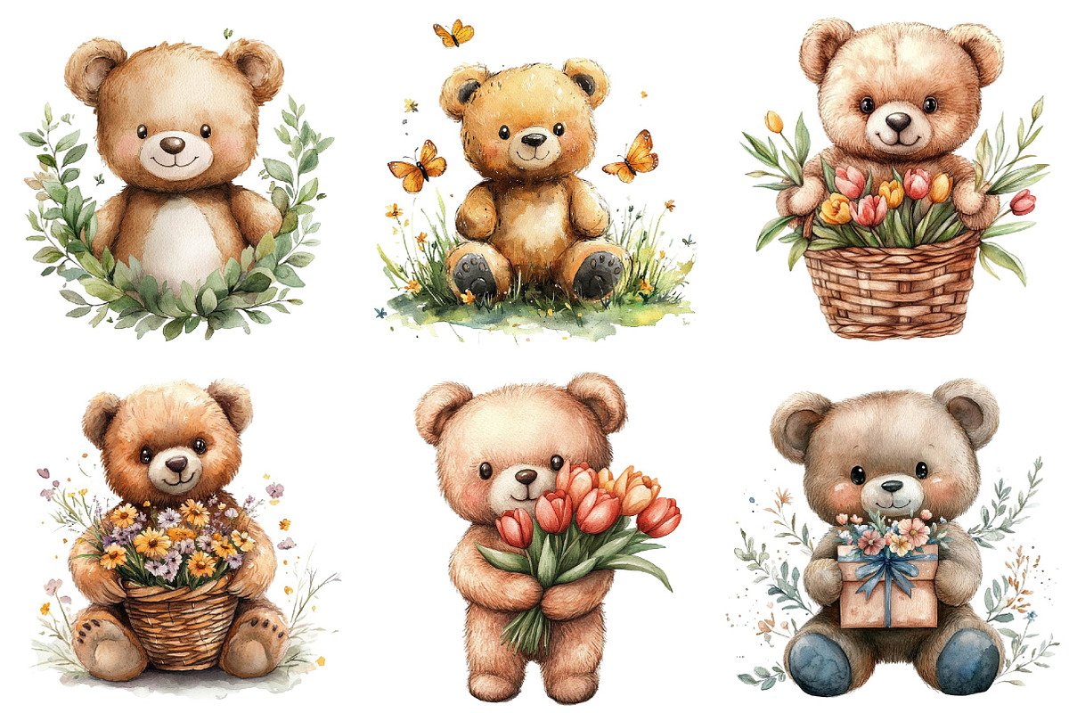 Watercolor Spring Teddy Bear Clipart, an Illustration by DreamPrint404 (Photo 4 of 7)