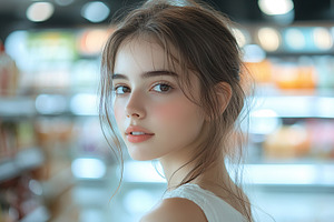 Portrait of young woman in supermarket, a Photo by AlyaAnd