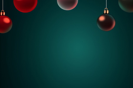 Christmas red and green matte ornaments on teal green background, a Photo by Dvoevnore photos