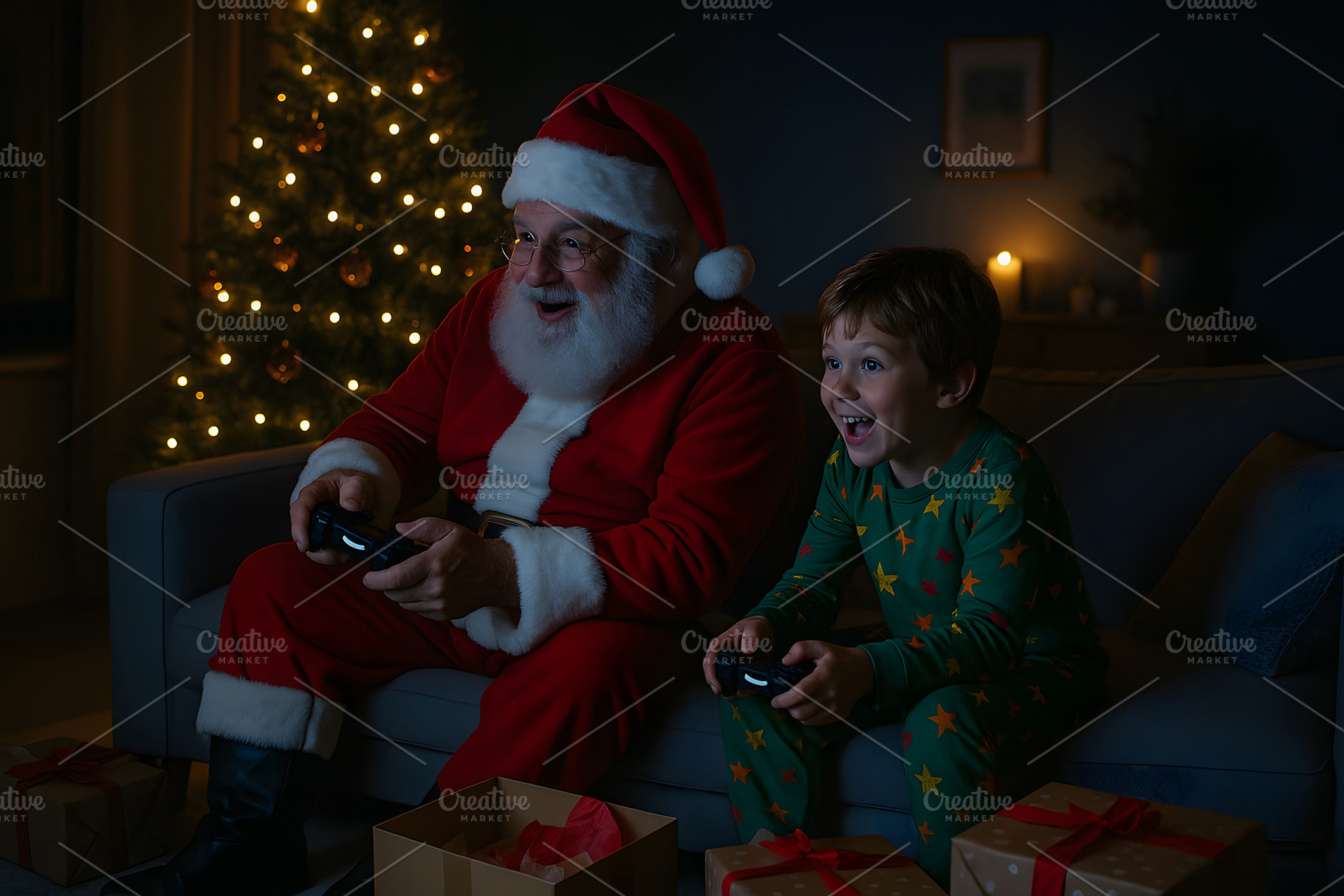 Santa Claus gaming with child at night near Christmas tree, a Holiday Photo by GoodGoods