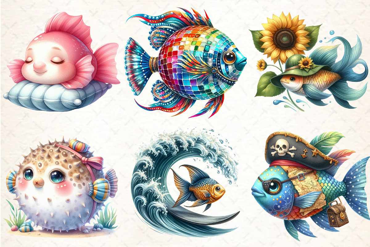 Quirky Whimsical Summer Fishes Clipa, an Illustration by DreamCafeArt (Photo 4 of 7)
