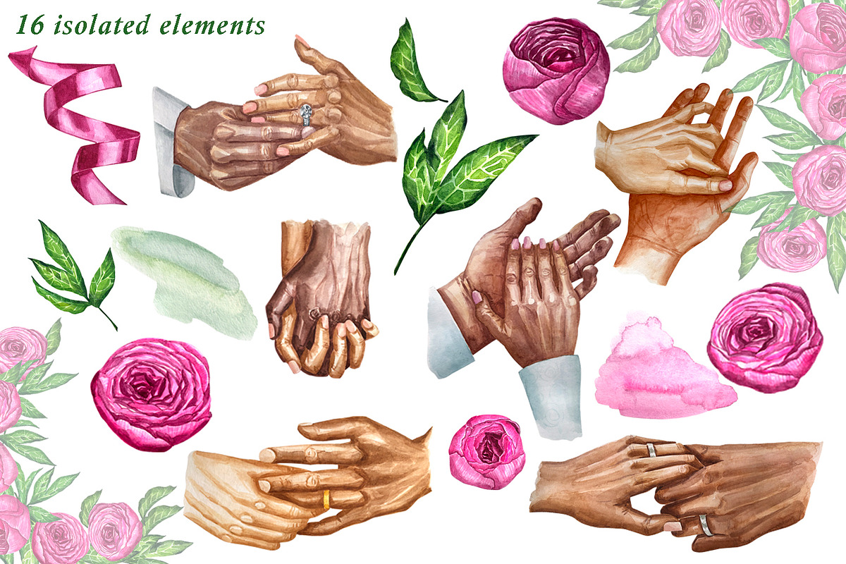 Watercolor peonies and hands clipart, a Person Illustration by Fresh art by Larysa (Photo 2 of 7)