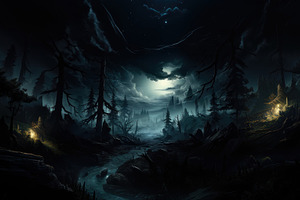 Mystical Night Landscape: Dark Forest Scene with Full Moon, Silhouetted Trees,, a Photo by AS photostudio