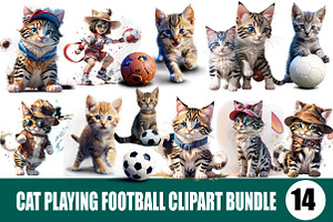 Cat playing Football Clipart Bundle, an Illustration by Wow Magic