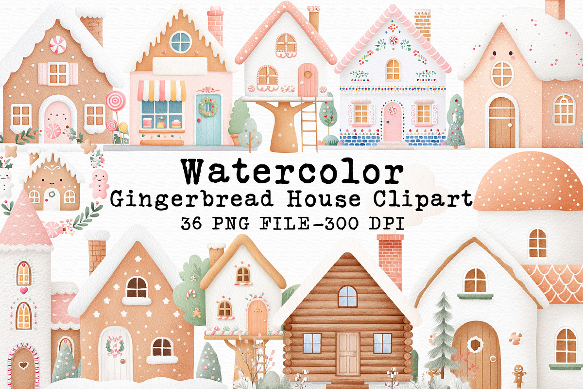 Watercolor Gingerbread House Clipart, an Illustration by Libby Wishes (Photo 1 of 7)
