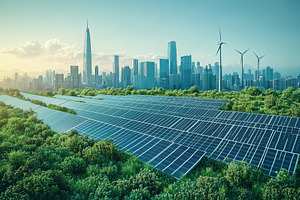 A futuristic city skyline with tall buildings, featuring solar panels in the fo, a Technology Illustration by Textures & Backgrounds