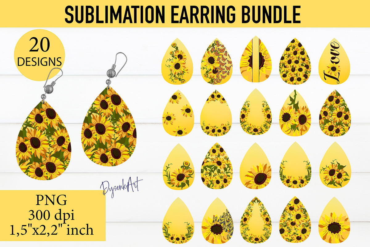 Sunflowers Teardrop Earring Bundle, a Print Template by DysenkaArt