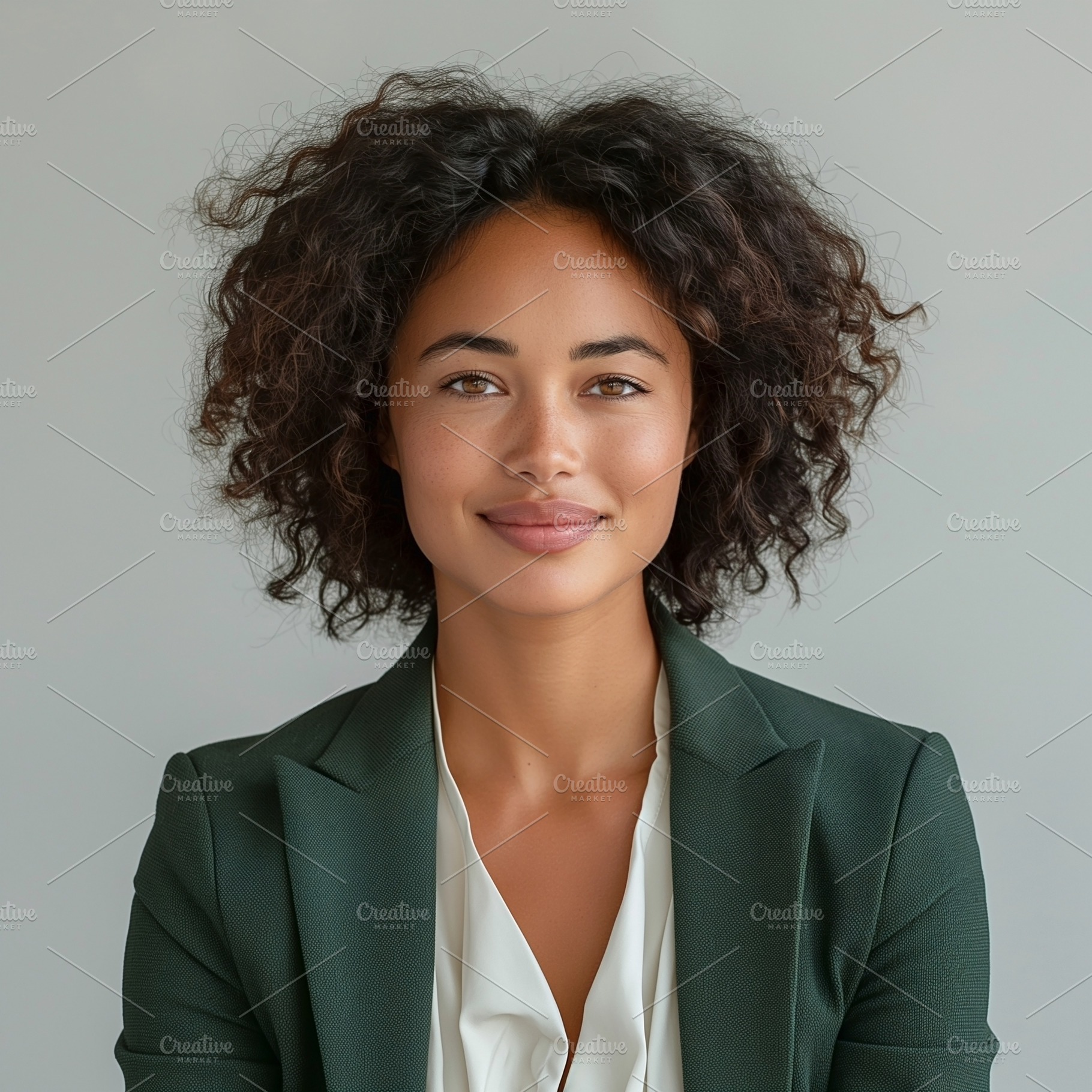 Confident young woman with curly hair, dressed in a stylish green blazer and wh, a Person Photo by ImageMir