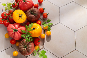 Colorful heirloom tomatoes and cherry tomatoes on tile, a Food & Drink Photo by Olena Rudo