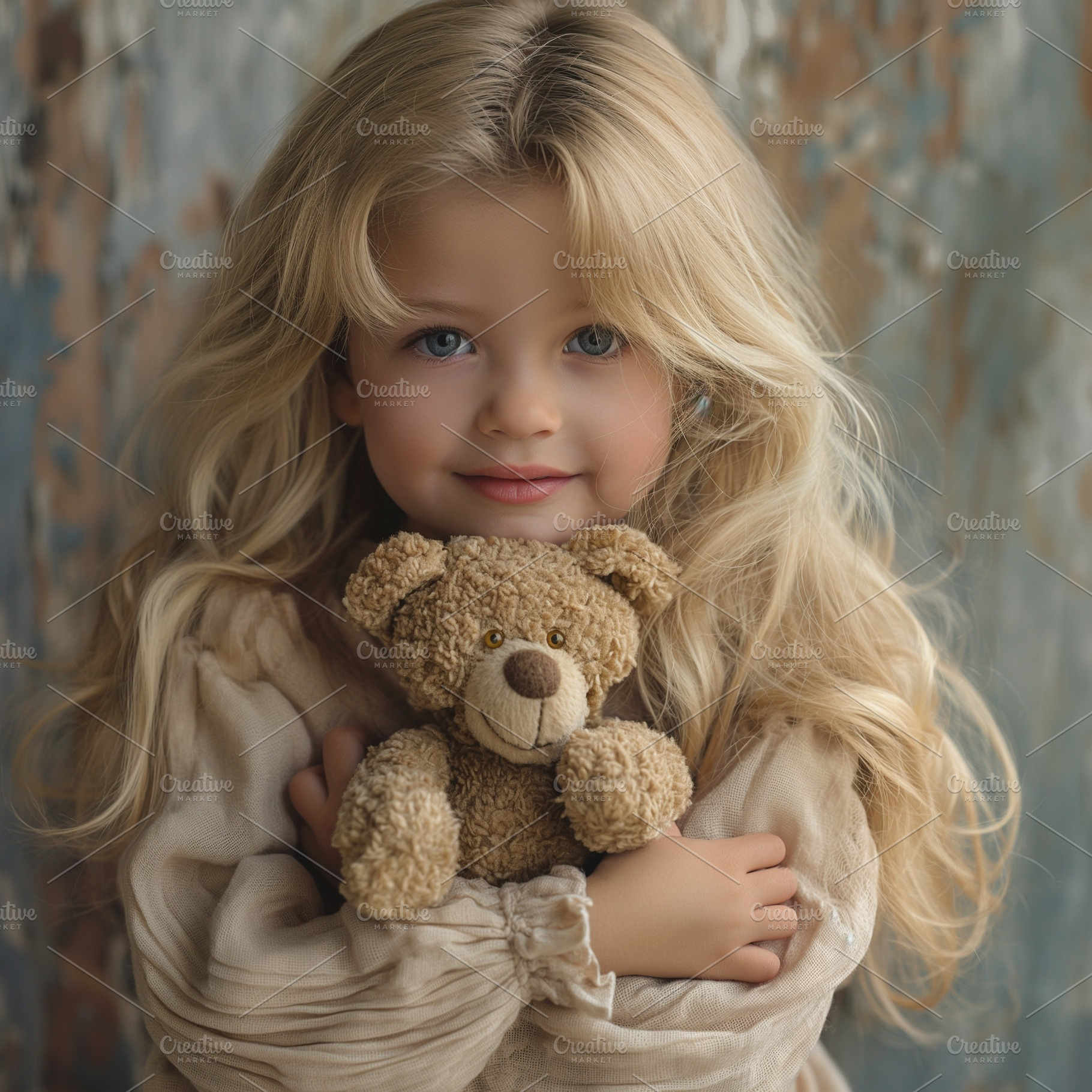 A young Caucasian girl with long blonde hair smiles softly while hugging her te, a Person Photo by ImageMir