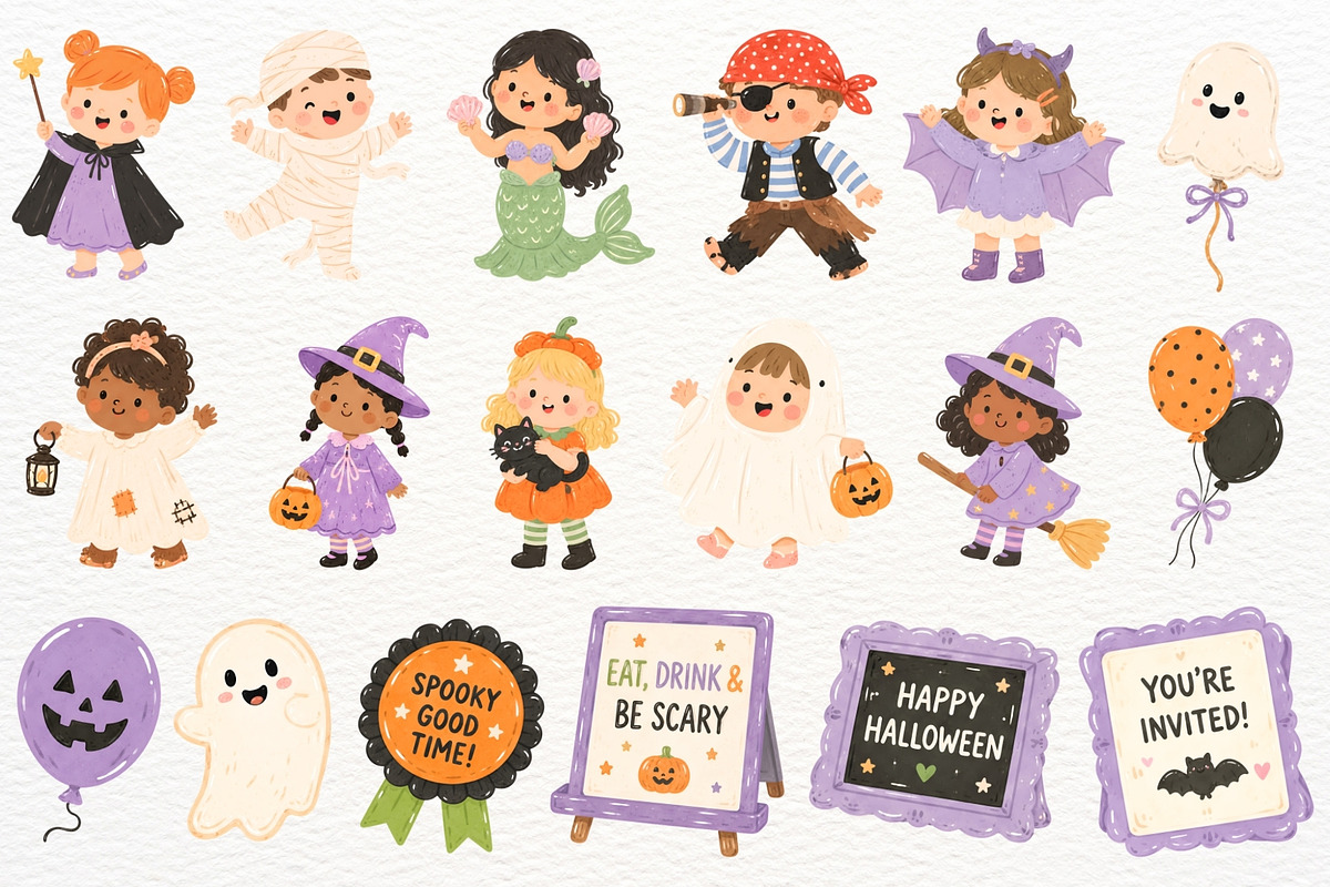 Halloween Kids Clipart Spooky Party, a Seasonal Illustration by SugarCloudStudioArt (Photo 4 of 6)