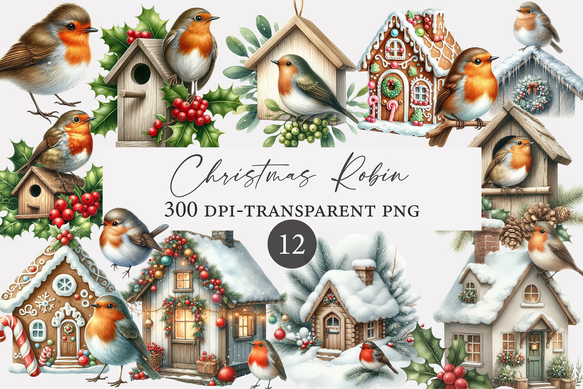 Christmas Robin Watercolor Clipart, an Illustration by Designworld (Photo 1 of 3)